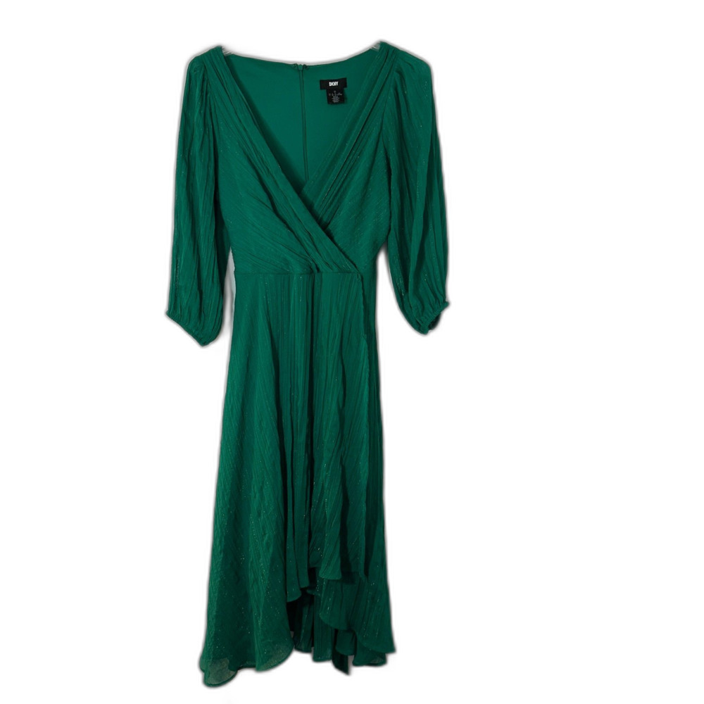 DKNY Green Dress Surplice Neck High Low Hem and 3/4 Length Sleeve Back Zip